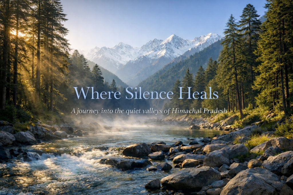 “Peaceful Himalayan valley in Himachal Pradesh with river and mist, ideal for detox in Himachal and mental healing